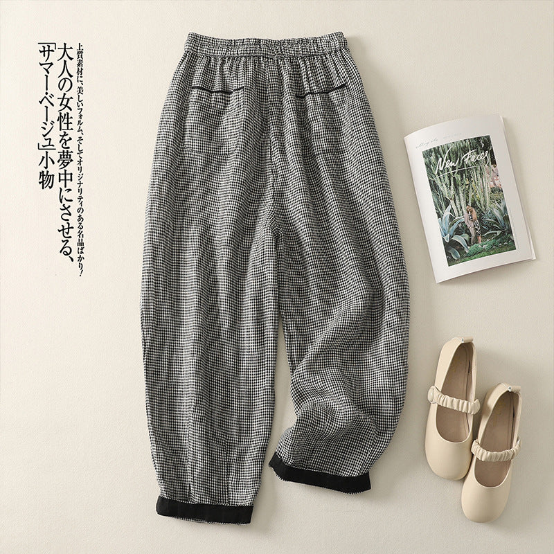 Real shot 2025 summer new casual loose cotton and linen plaid elastic waist Harlan pants nine-point pants women's #2615