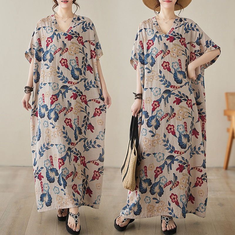 The real shot is the new V-neck cotton and linen large size loose literary and retro holiday wind beach dress for women in the summer of 2024.