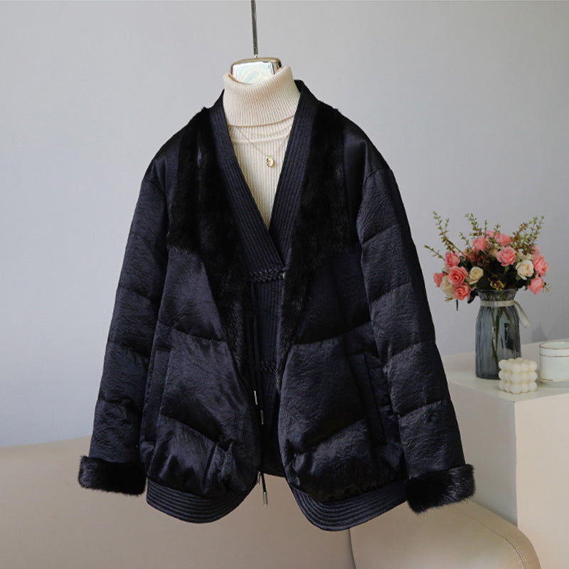 New Chinese-style imported full acetic acid splicing real fur fur goose down clothing V-neck autumn and winter down jacket foreign style advanced sense
