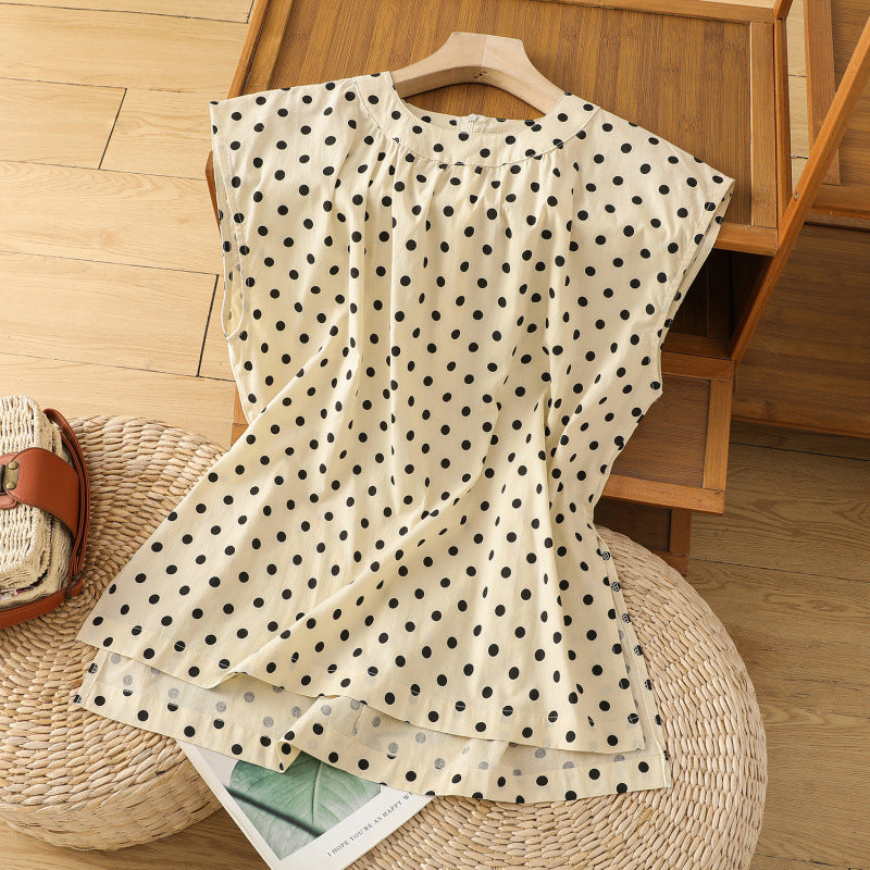 Summer 2025 New Polka Dot Printed Cotton and Linen Top Women's Back Invisible Zipper Split Shirt T-Shirt Women's