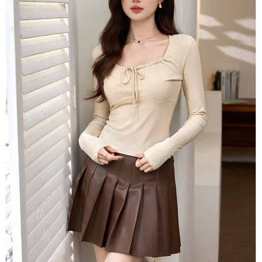 #Ingenuity Screening Products #Premium Design Sense Pleated Strap Cotton T-Shirt Women's Long Sleeve 2026 Autumn Spice Girls Sexy Top