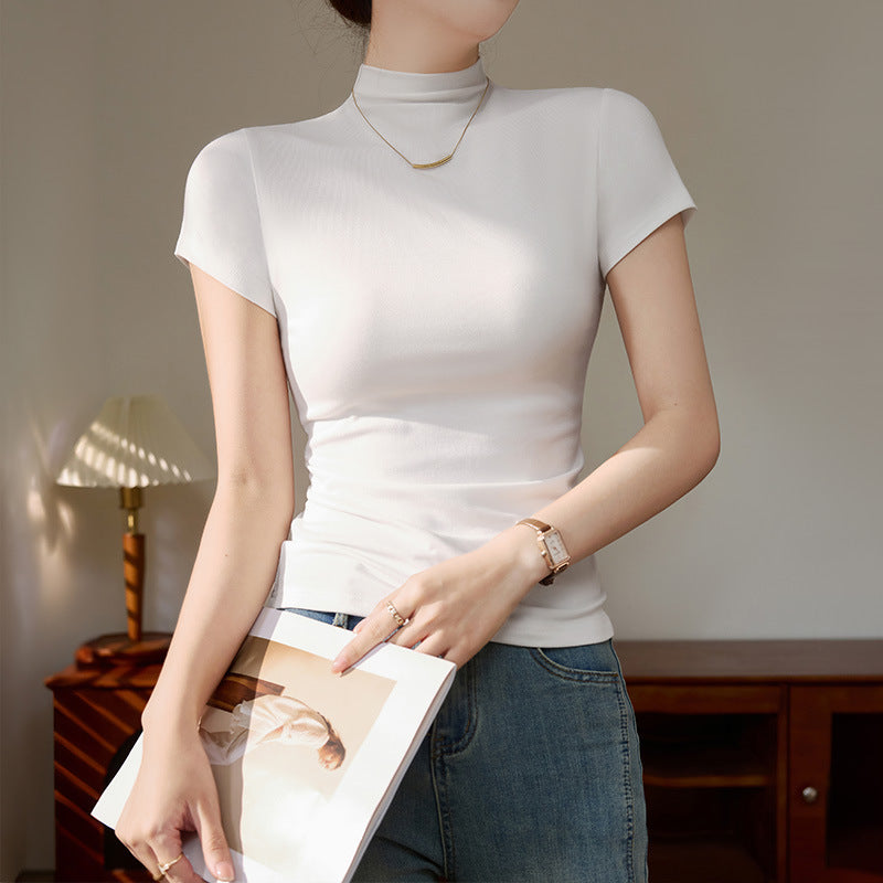 Semi-high-necked short-sleeved T-shirt women's Korean version of daily wear gray top threaded slimming hot girl spring and summer base shirt
