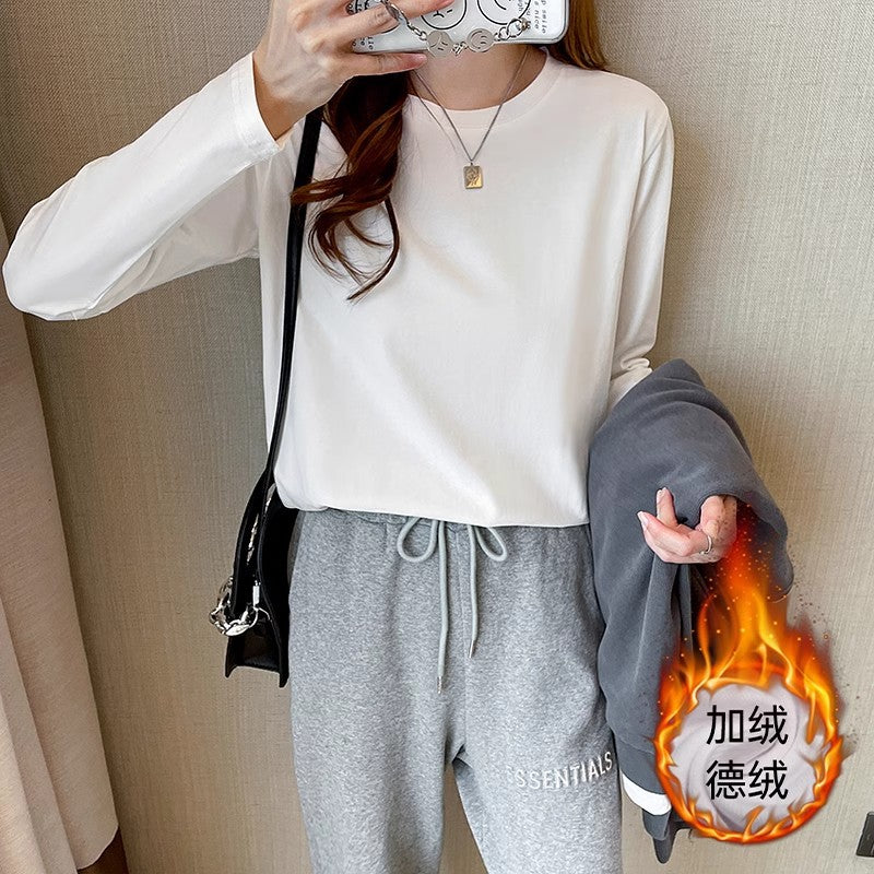 Double-sided German velvet velvet thickened bottoming shirt women's autumn and winter long-sleeved T-shirt foreign style warm loose white inner top