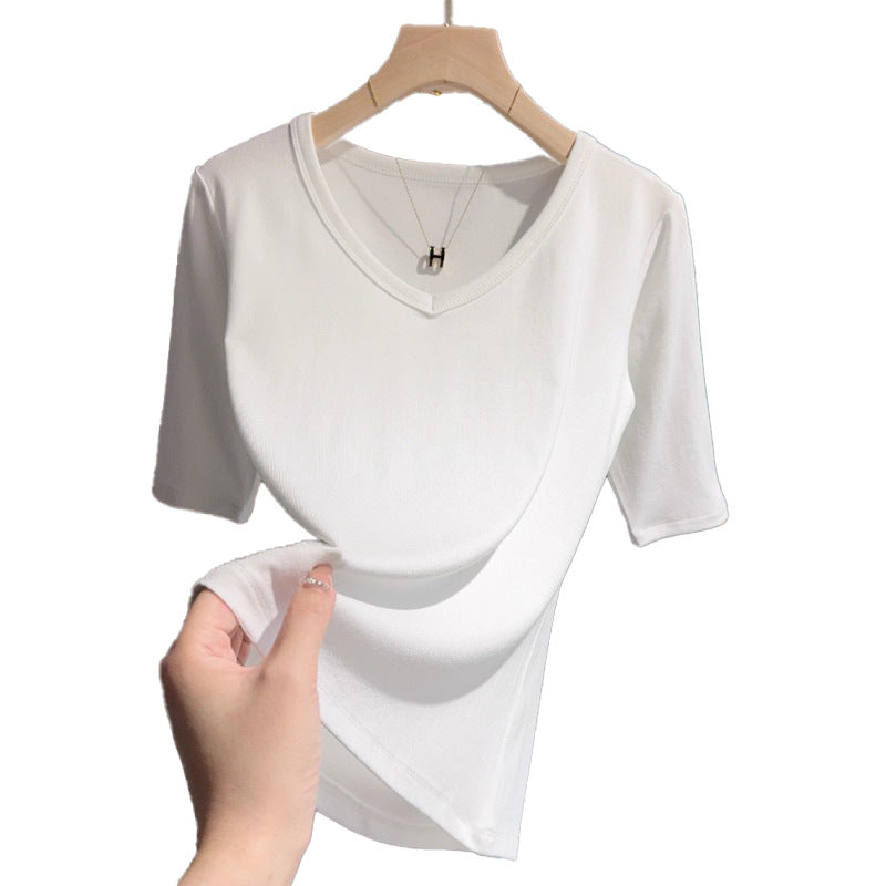 White medium-sleeved t-shirt women's knitted sweater spring and autumn summer basic V-neck bottoming shirt with five-quarter-sleeved top and t-shirt