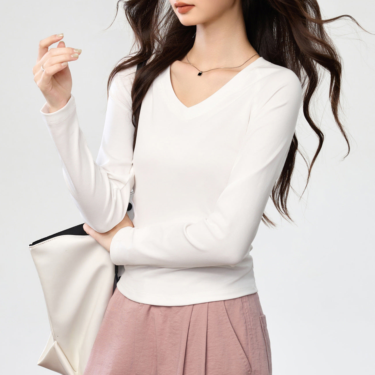 #Combed pure cotton #Bright line design sense shoulder sleeves V-neck T-shirt women's long sleeves wrinkled waist thin early autumn top