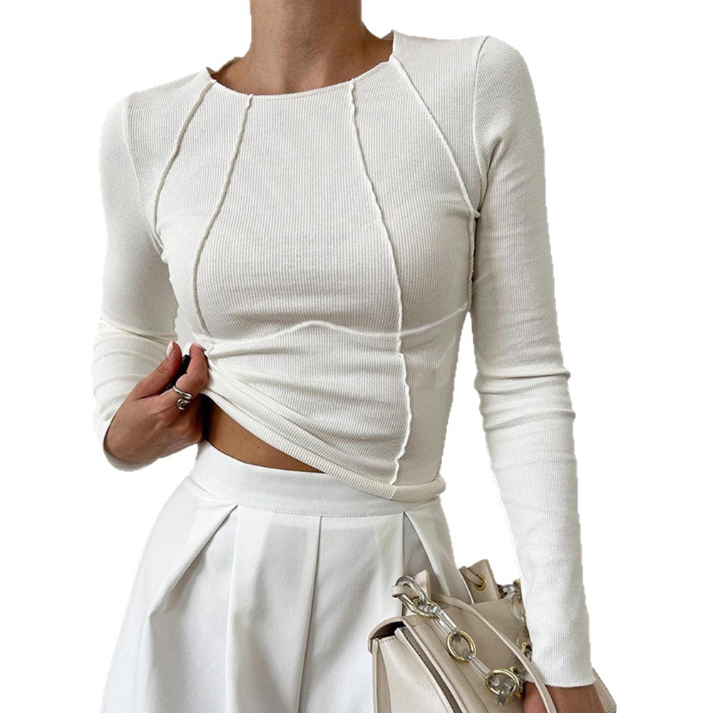 2025Shein European and American new spring and autumn cross-border foreign trade sweet and spicy solid color split chest long-sleeved crew neck T-shirt short