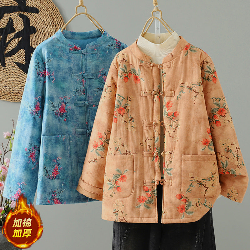 New Chinese style floral cotton clothes for women's winter 2025 new buckled cotton jacket