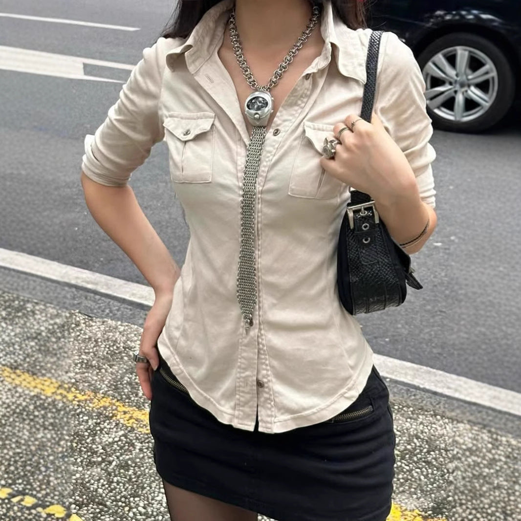 Love cloth forget imperial sister wind lapel collar tooling pocket simple long-sleeved shirt design waist line slim-fitting knitted top