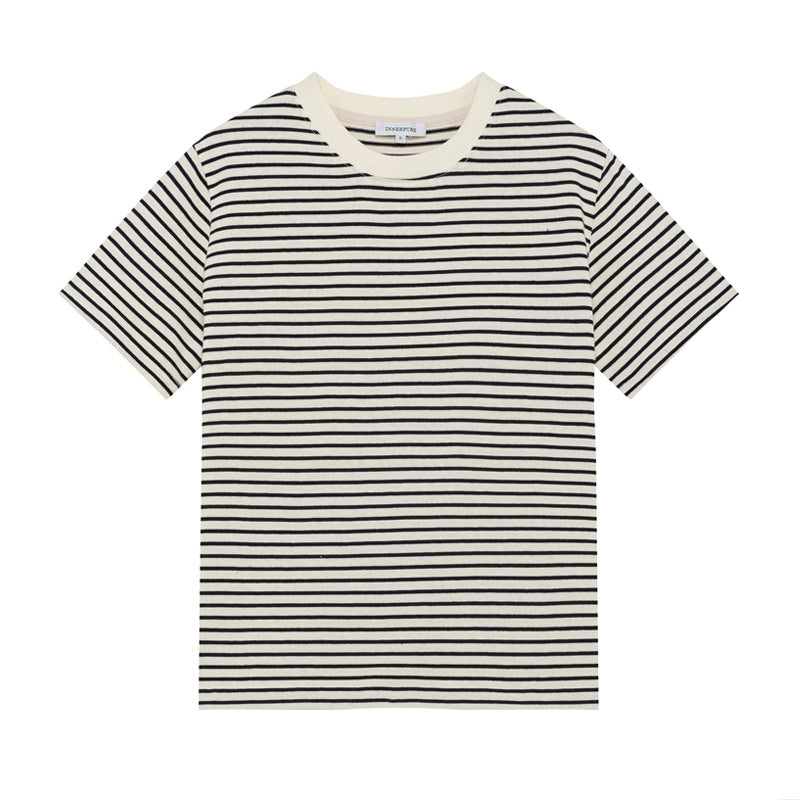 Selection of pure cotton black and white striped short-sleeved t-shirt women's summer 2026 new Korean version of round neck loose and thin versatile top