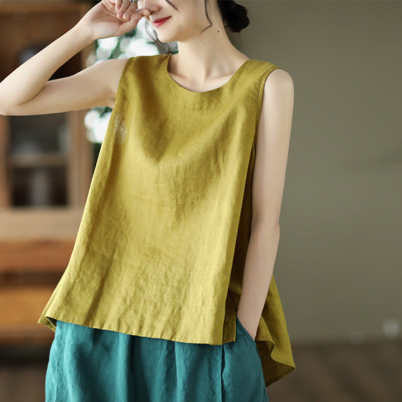 Summer 2024 New Literary Loose Solid Color Crew Neck Sleeveless Vest Women's Top #3702