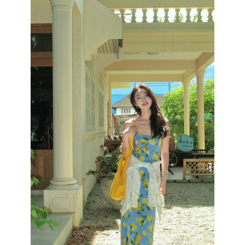 Coffee break platycodon French lemon print dress seaside vacation outfit sundress temperament gentle long skirt summer