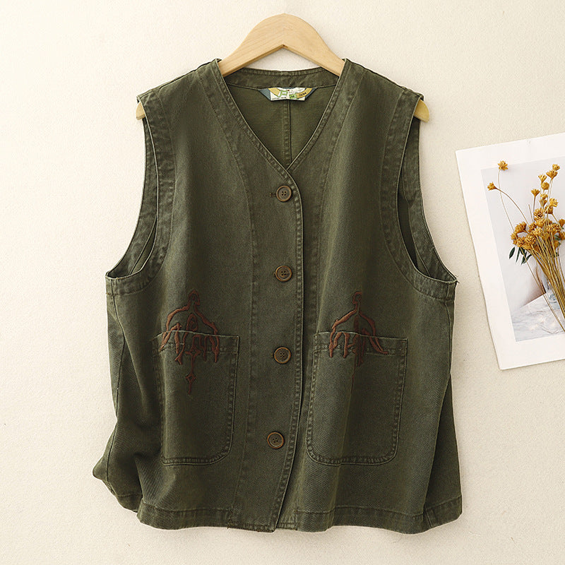 Real shot 2025 spring new literary embroidery pocket tooling vest vest vest vest horse girl