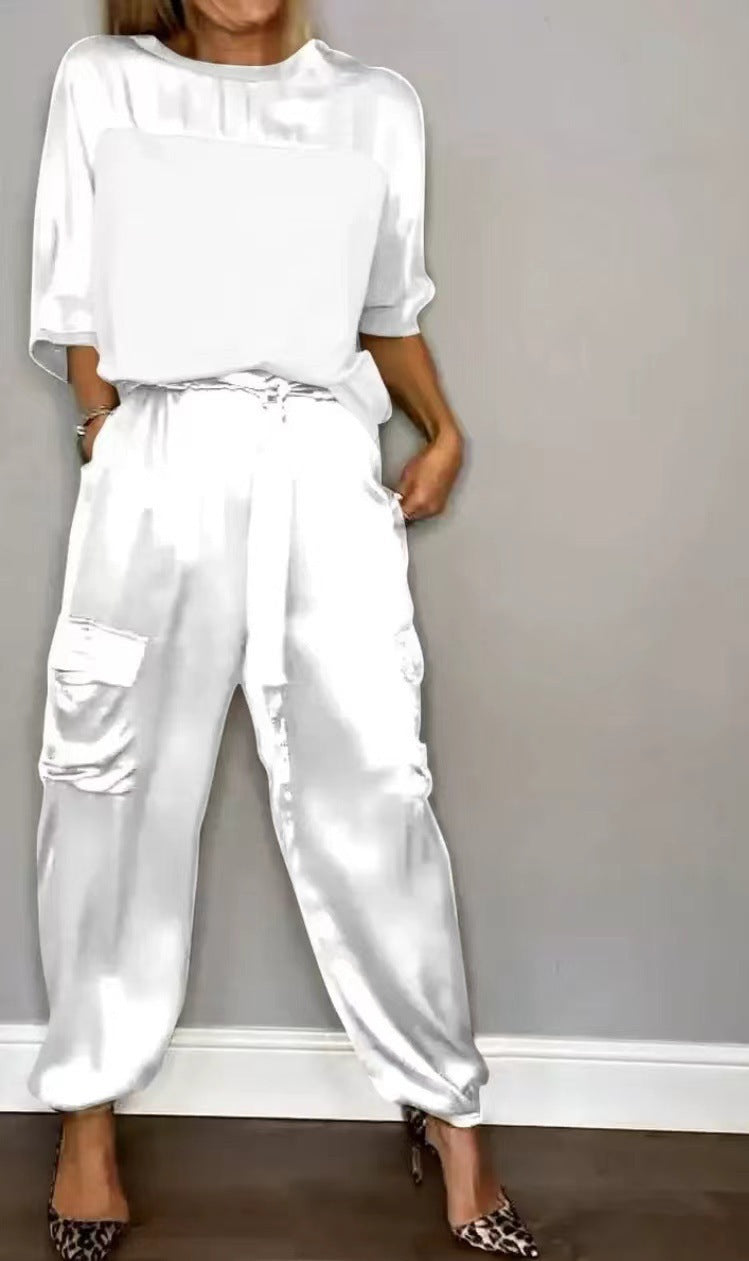 Amazon, Europe, America, Spring and Autumn Fashion Women's Solid Color Smooth Satin Five-Sleeve Top Two-piece Set Feminine Elegance