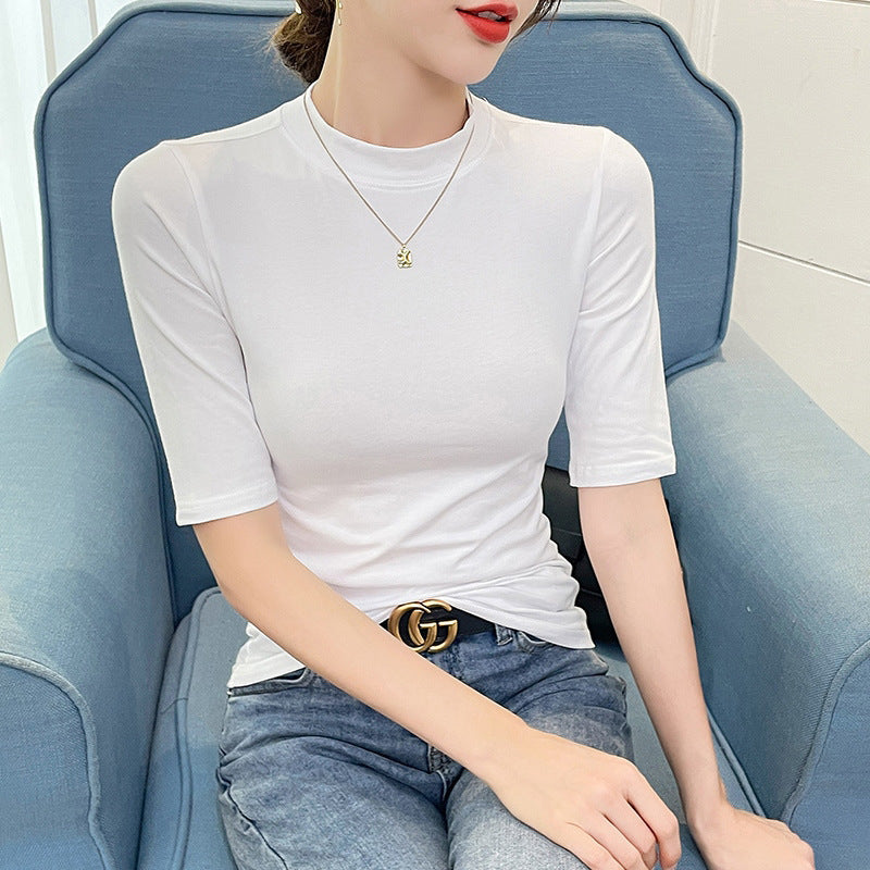 White cotton semi-turtleneck five-quarter-sleeved T-shirt women's medium-sleeved belly-covering bottoming shirt slim-fitting top temperament commuting
