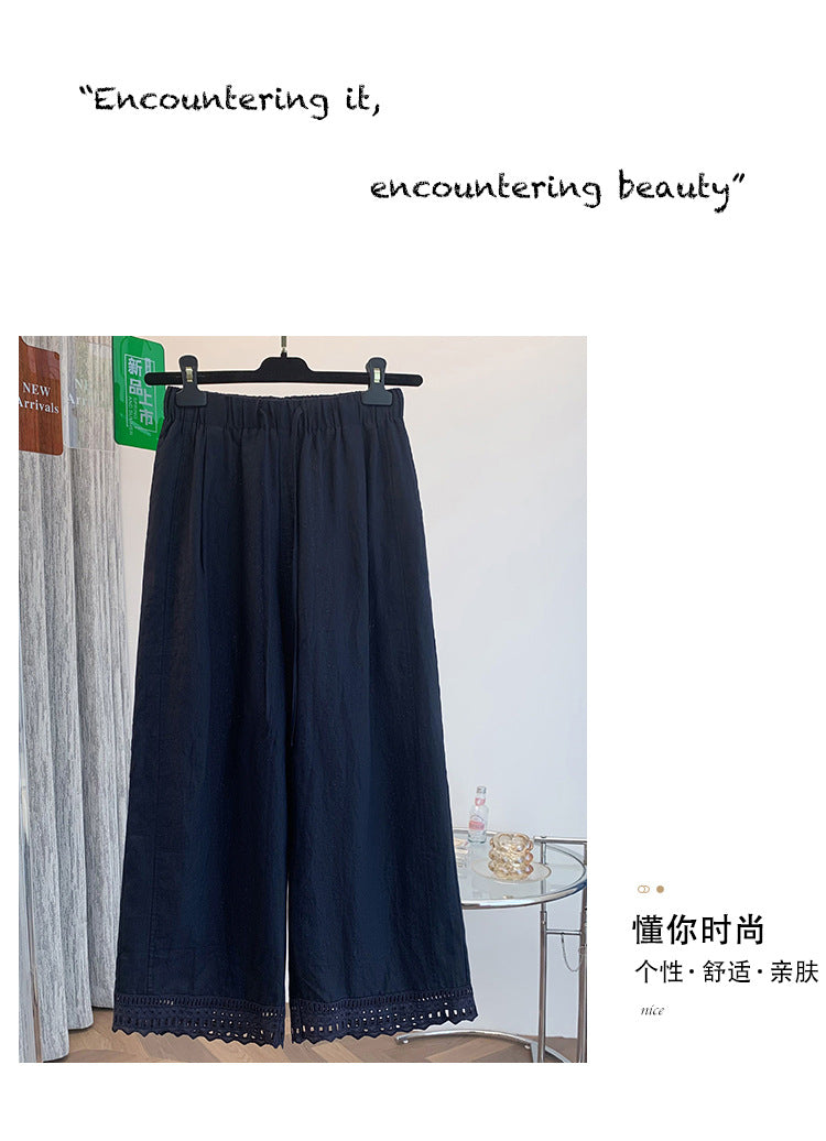 Real shot 2025 autumn new cotton and linen elastic waist casual pants women's silk lace loose straight wide-leg pants nine-point pants