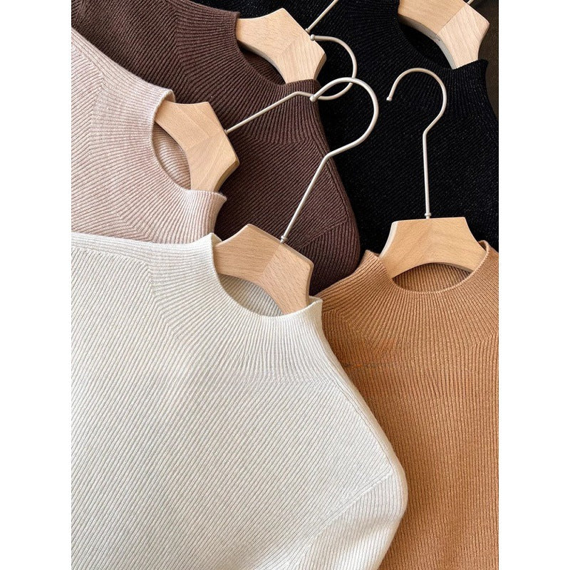 Seamless stand-up collar shiny silk wool bottoming shirt women's early autumn popular wear slim-fitting semi-turtleneck knitted sweater flash