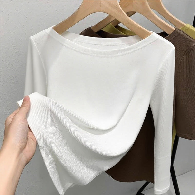 Medium-sleeved t-shirt women's 2025 new women's clothing solid-color threaded half-sleeved t-shirt temperament one-word shoulder elastic waist top