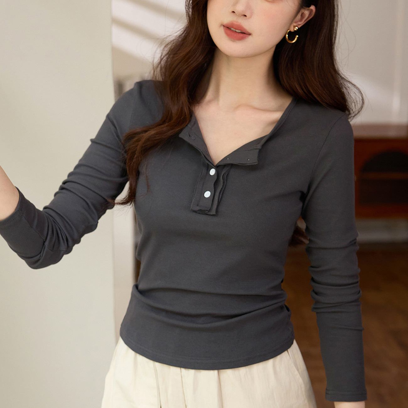 #Selection of high-quality products #Chic design button-up long-sleeved t-shirt women's 2026 autumn and winter new semi-open-necked pure cotton top