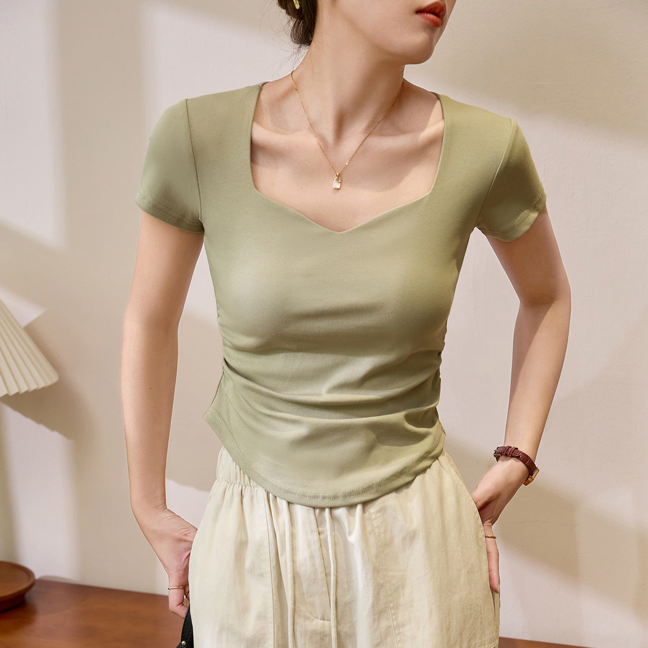 #Combed pure cotton #peach heart square neck short-sleeved T-shirt women's 2026 summer new pleated slim-fitting front shoulder top bottoming shirt