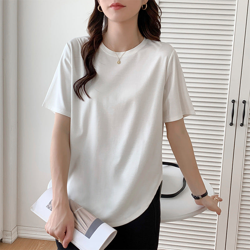 Short-sleeved T-shirt women's loose large version medium and long meat-covered hem curved Roman Tencel half-sleeved ice silk top summer