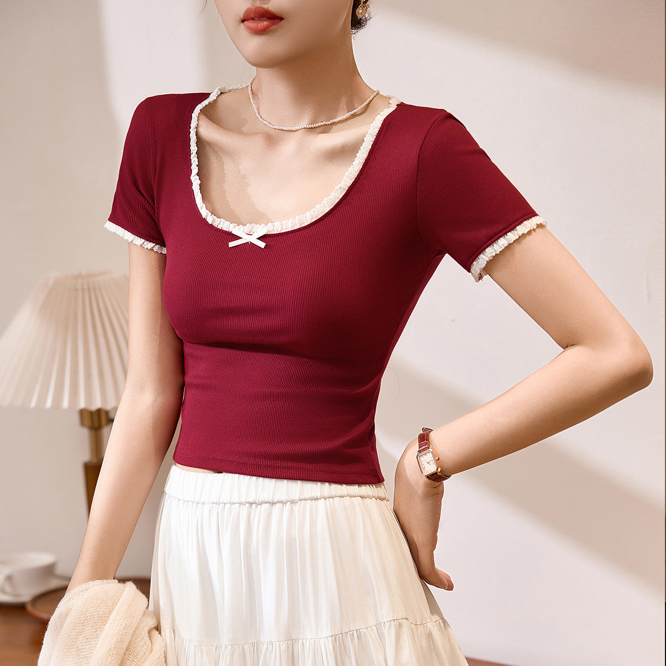 #260G Youke silk, Zhen quality #lace T-shirt women's summer new U-neck bow short-sleeved contrasting high-waisted top