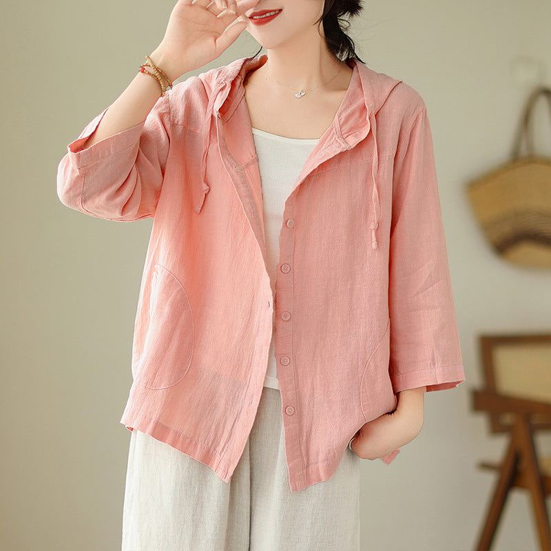 Real shot 2025 spring new literary loose solid color hooded nine-quarter sleeve shirt women's shirt top #9338