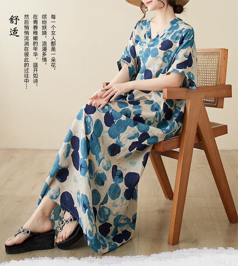 Real shot 2024 spring and summer V-neck thin cotton and linen large size loose literary holiday wind beach skirt retro long robe