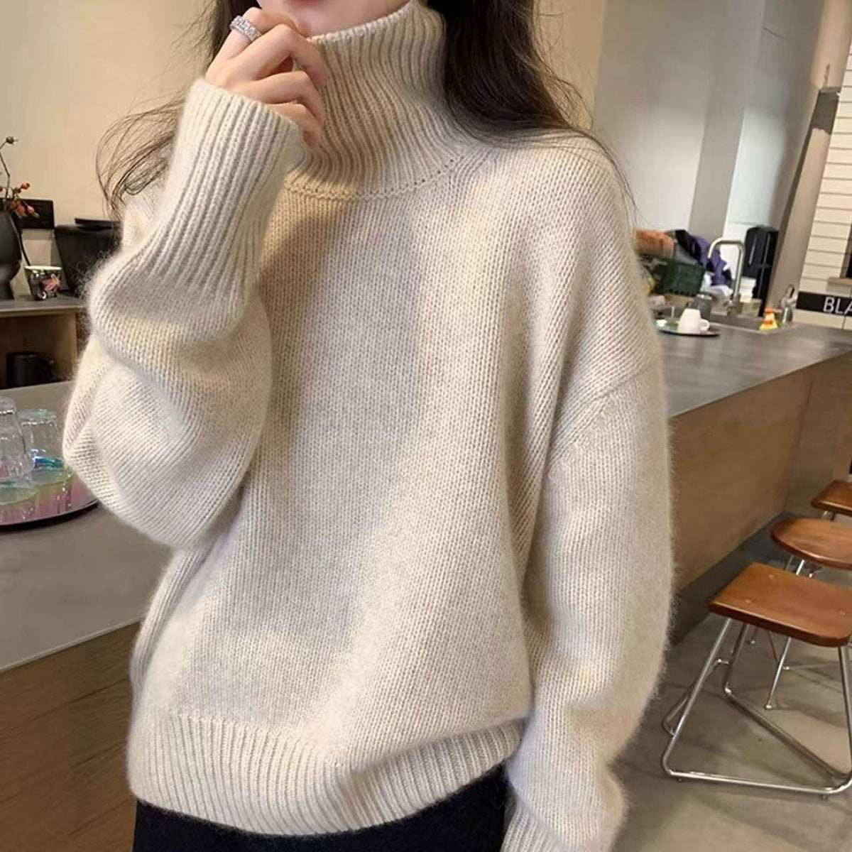 High neck 100 pure cashmere shirt women's European high-end thickened 2025 fall/winter knitted loose lazy base sweater