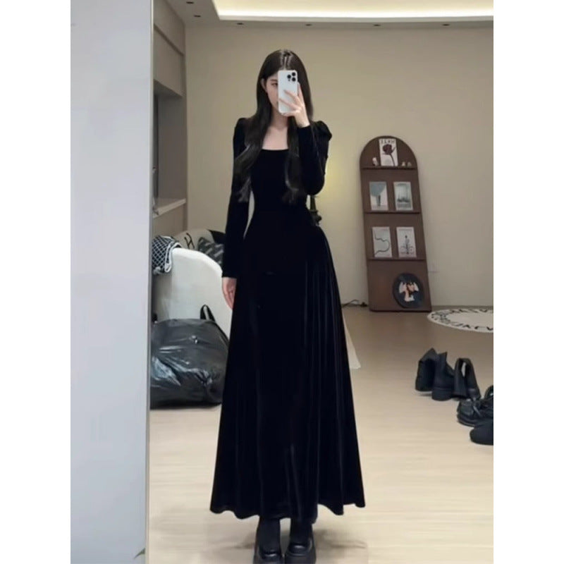 French temperament socialite high-end black velvet dress women's early spring inner birthday party evening dress long dress