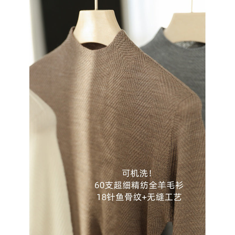 Machine washable 60 ultra-fine worsted full wool sweaters with fish bone pattern and thin seamless long-sleeved knitted sweaters and tops for women's autumn and winter