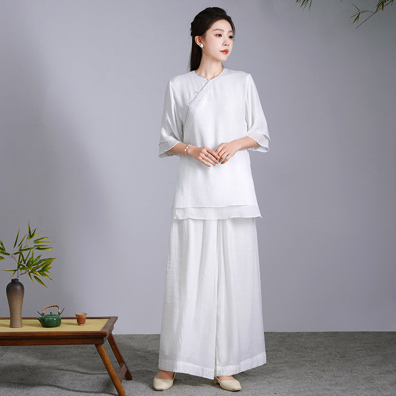 2025 Women's Yoga Clothing Set Ethnic Style Improved Chinese Top Women's Zen Clothing Cotton and Linen Chinese Style Class Clothing Tea