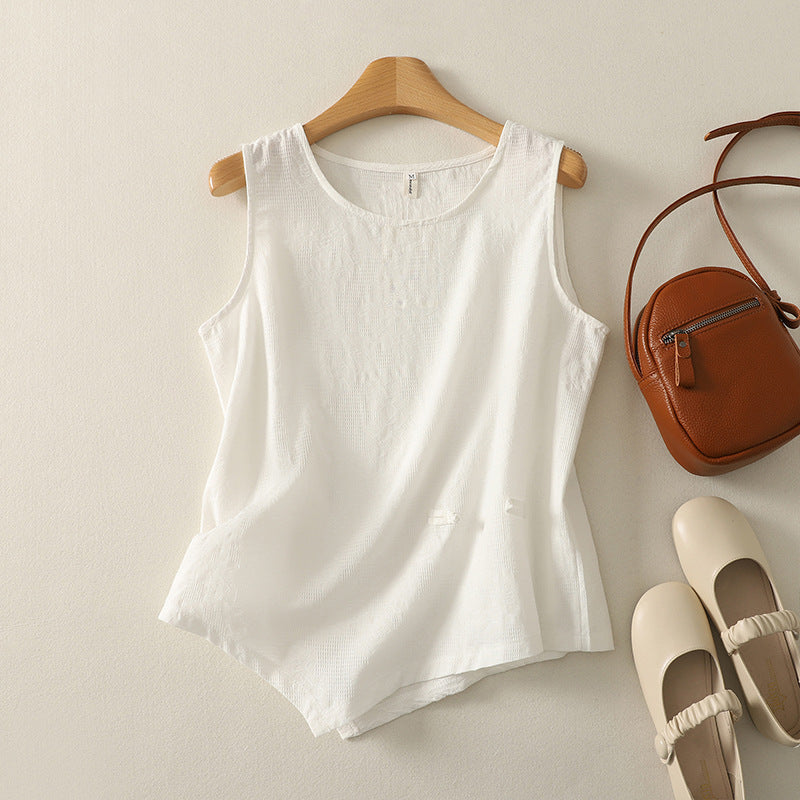 Real shot 2025 summer new literary loose button solid color round neck sleeveless T-shirt women's vest top #6184