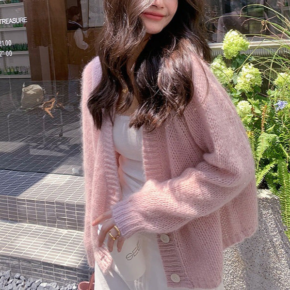 Transitional season knitted, soft cardigan lazy mohair small coat women's early autumn long-sleeved top