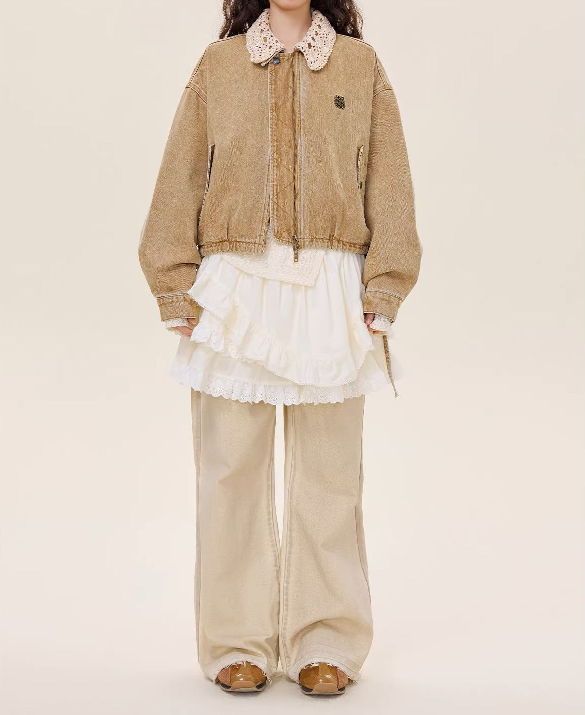 Bud hem detachable knitted collar denim jacket romantic lace daughter wind 25 autumn