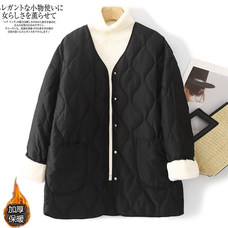 Winter 2025 new Korean version lamb wool splicing medium and long women's small light cotton jacket