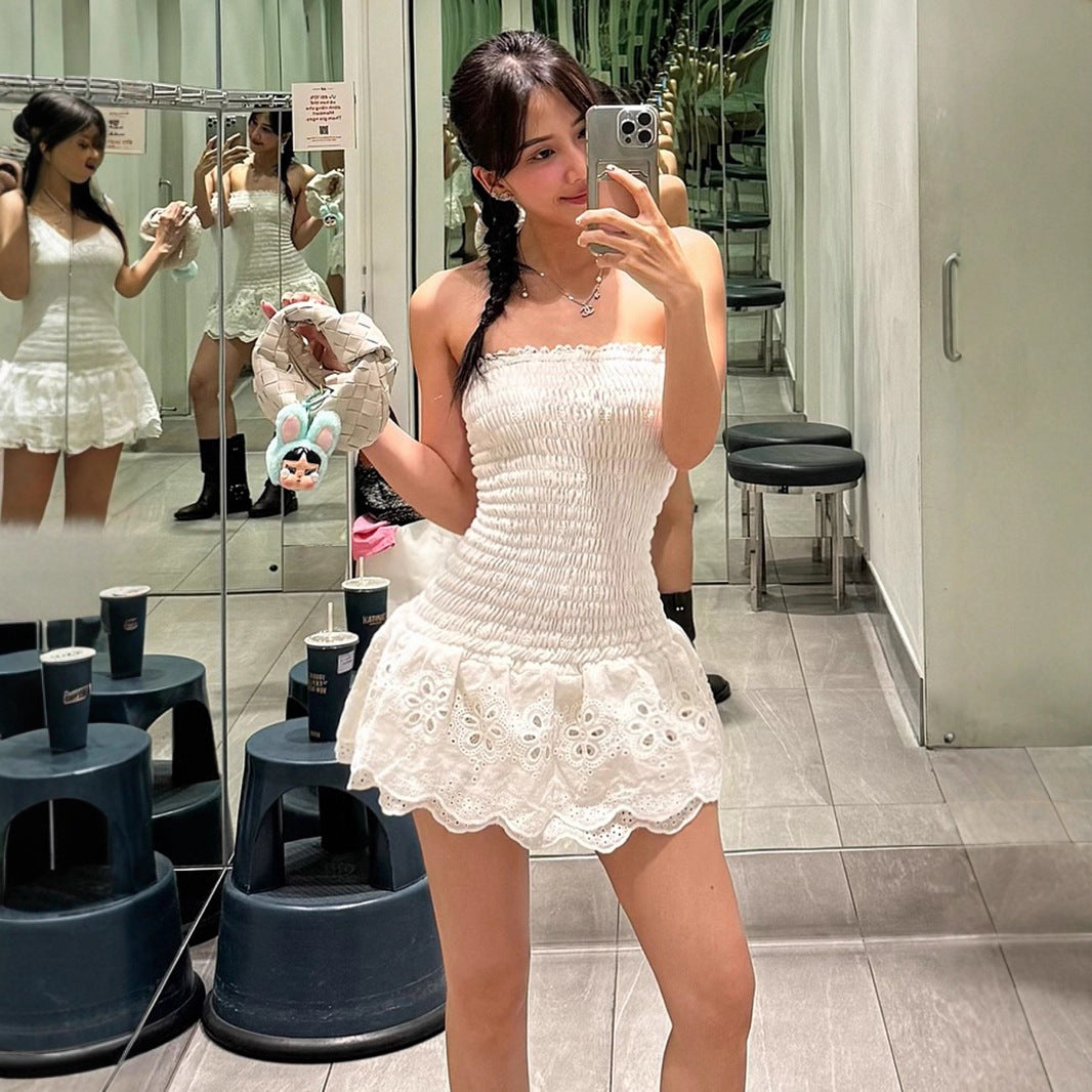 French romantic sexy lace one-word shoulder tube top dress niche design light and thin waist short cake dress