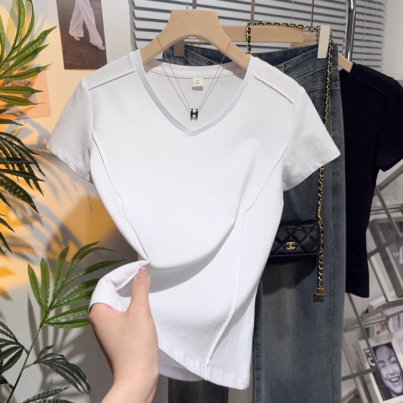 High-end fish bone pattern V-neck T-shirt for women's 2025 new short-sleeved European products, cold silk, cool temperament, thin and chic top