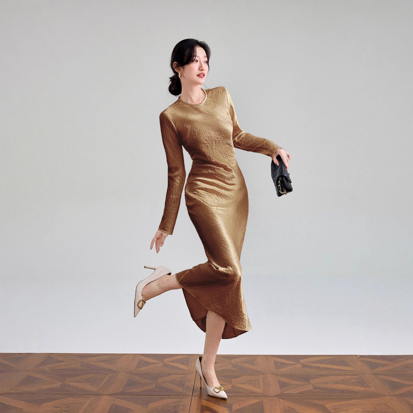 Haute couture 100% acetic acid, spring and autumn French elegance temperament fashionable pole extreme sense satin pleated long-sleeved dress women