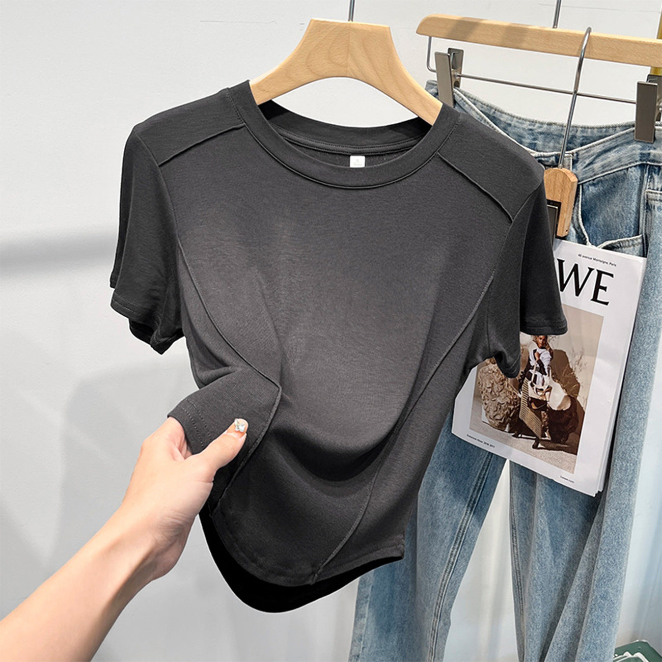 Crew neck short-sleeved front shoulder thin fishbone shirt 2026 summer new irregular inner bottom T-shirt women's top