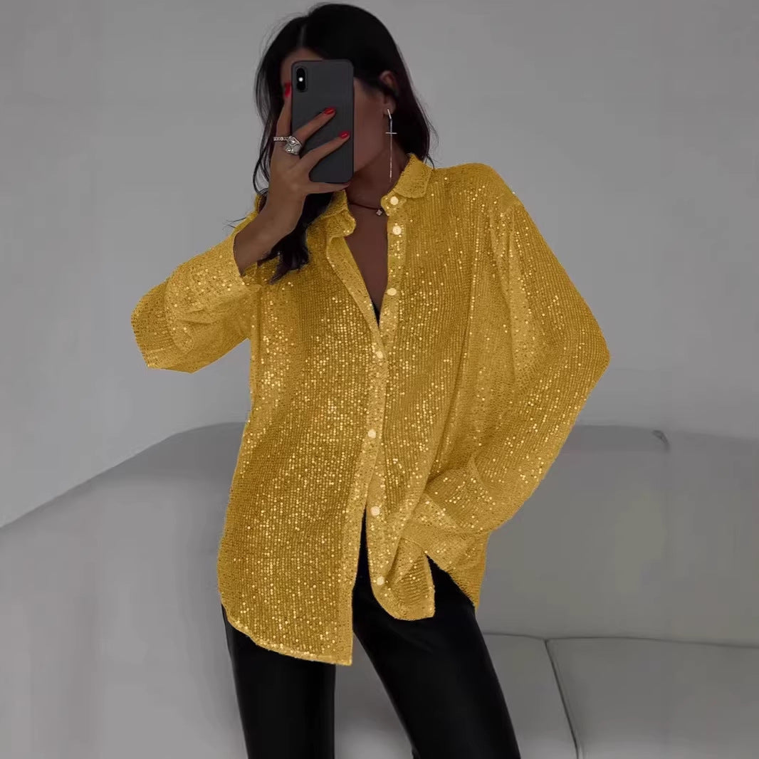 2025 spring and summer Europe and the United States new bead top lapel long-sleeved cardigan basic cross-border women's shirt jacket