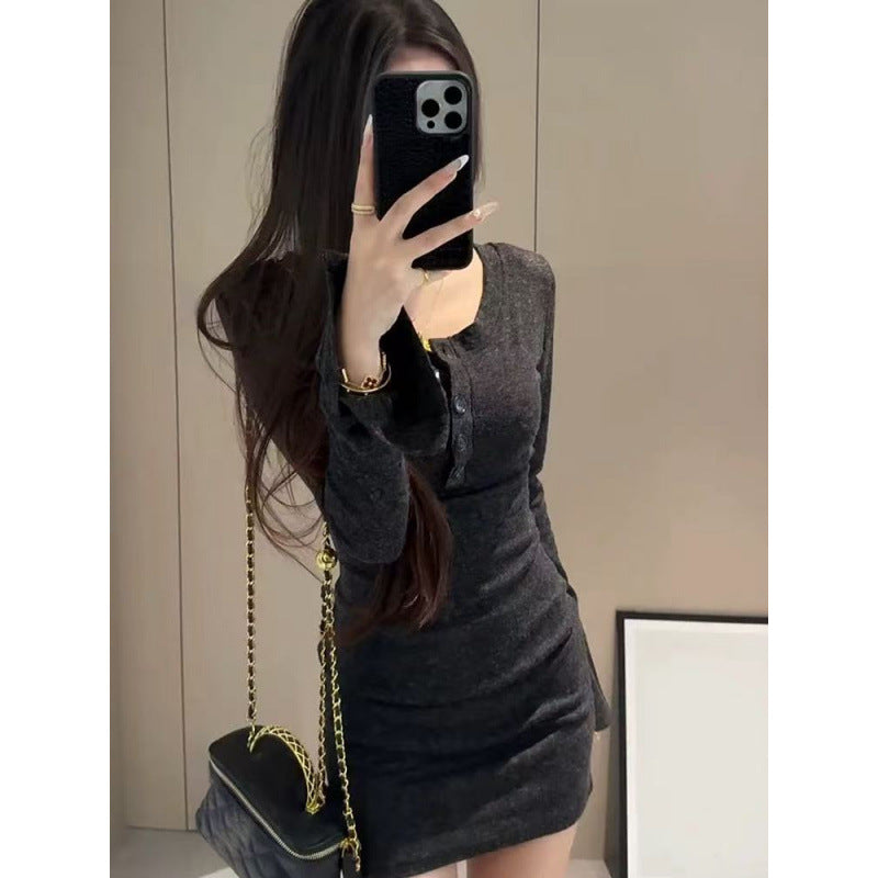 2025 Fall/Winter New Half-Button Retro Long-Sleeved Dress Women's Waist Slimming Sexy Slim Hip Skirt