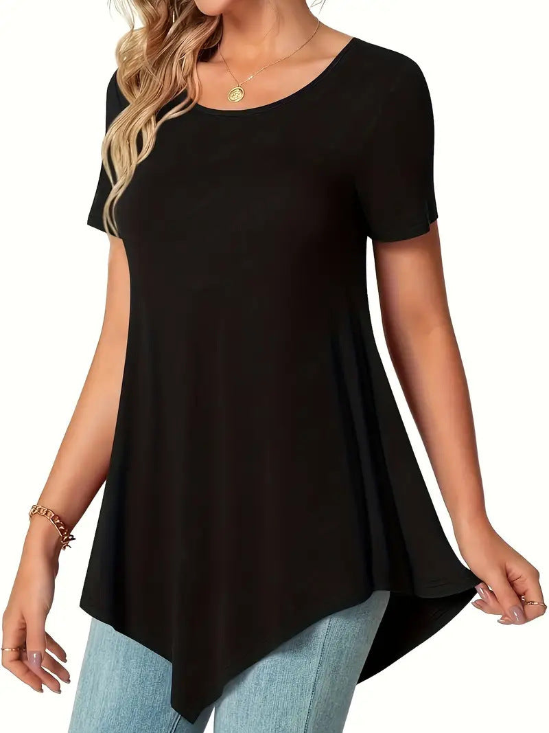 2025 Amazon popular European and American large size loose crew neck top irregular hem women's short-sleeved T-shirt