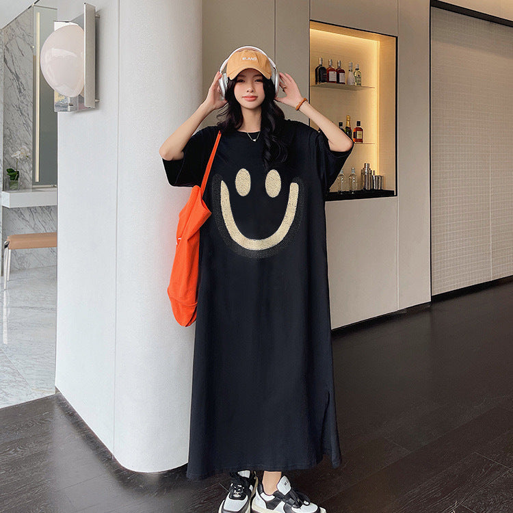 Korean version Dongdaemun summer round neck big smiley face print casual loose and versatile solid color short-sleeved casual dress