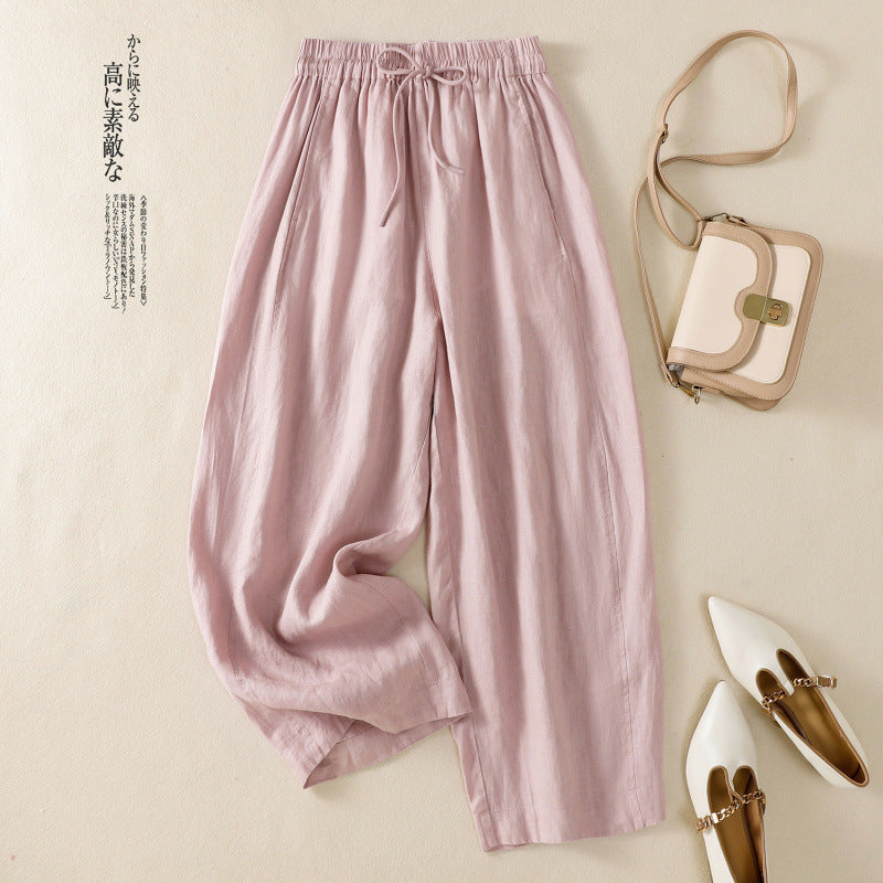 Real shot 2025 summer cotton and linen scimitar pants lace-up loose casual and thin literary pants women