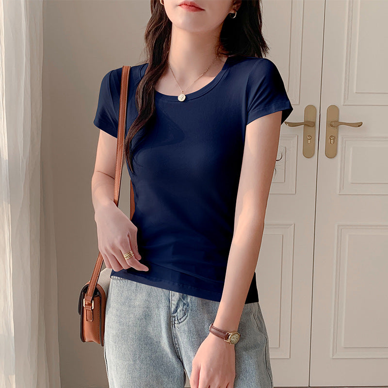 U-neck white versatile short-sleeved T-shirt women's American slim-fitting half-sleeved top low-necked bottoming shirt slim-fitting