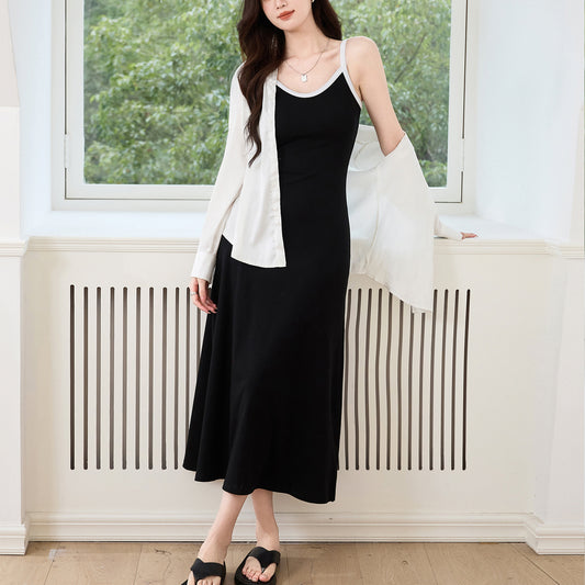 [High quality] Swing suspender dress women's summer 2026 new pure cotton contrasting color V-neck vest long skirt