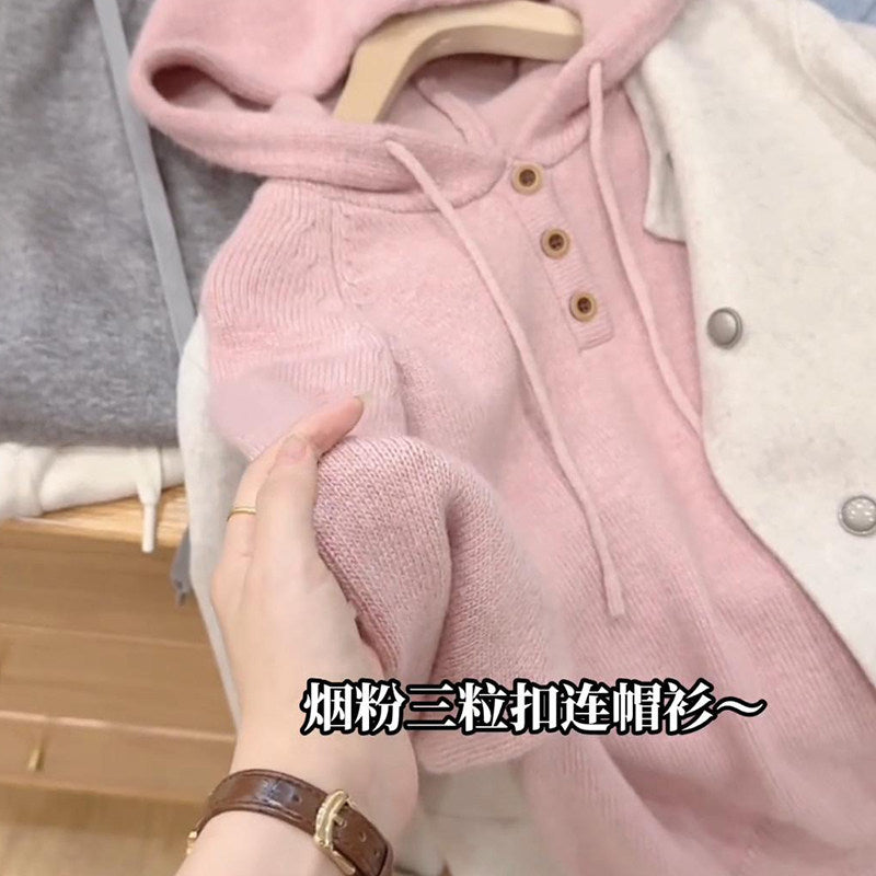 Pink hooded long-sleeved sweater women's 2025 autumn and winter new loose and thin lazy soft waxy commuter versatile top