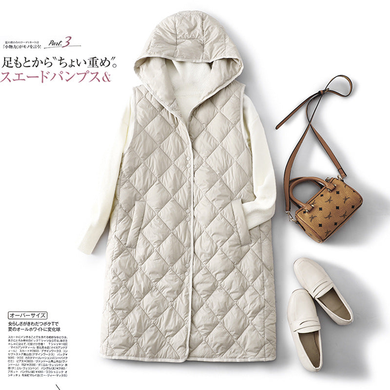 Real shot 2024 winter new loose and thin hooded vest medium and long vest jacket vest women 1505 #