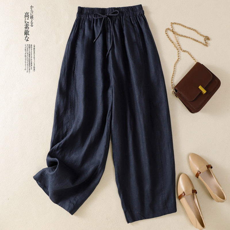 Real shot 2025 summer cotton and linen scimitar pants lace-up loose casual and thin literary pants women