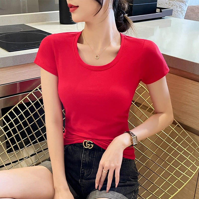 Big red cotton short-sleeved t-shirt women's 2025 super fire age reduction tight this year's popular women's casual versatile top